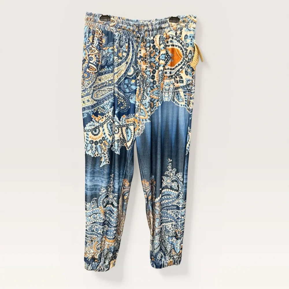 NWT Mezon‎ Blue Paisley Boho Jogger Pants XL Soft Lounge Festival